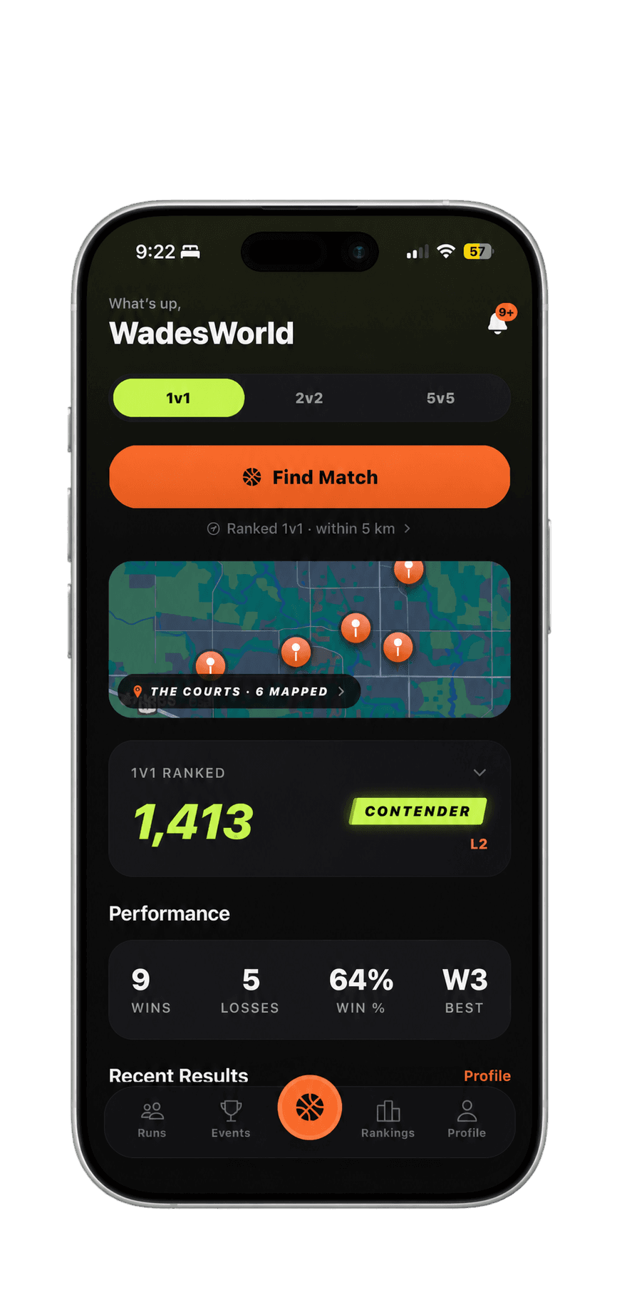 Current NextUp home screen with 1v1, 2v2 and 5v5 matchmaking, nearby courts, Trophy Score, performance, and recent results