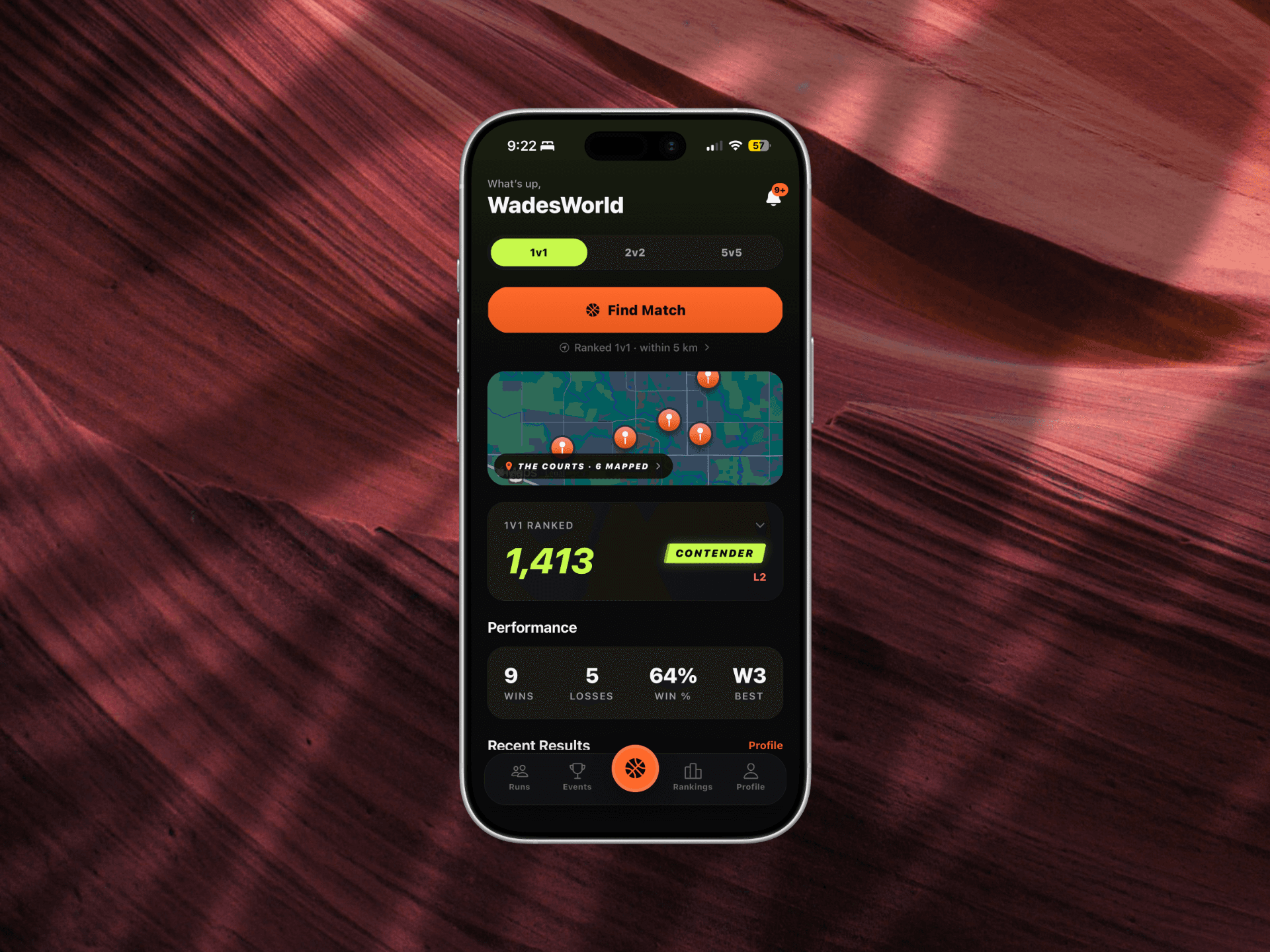 NextUp home screen showing 1v1, 2v2 and 5v5 matchmaking, nearby courts, Trophy Score, performance, and recent results
